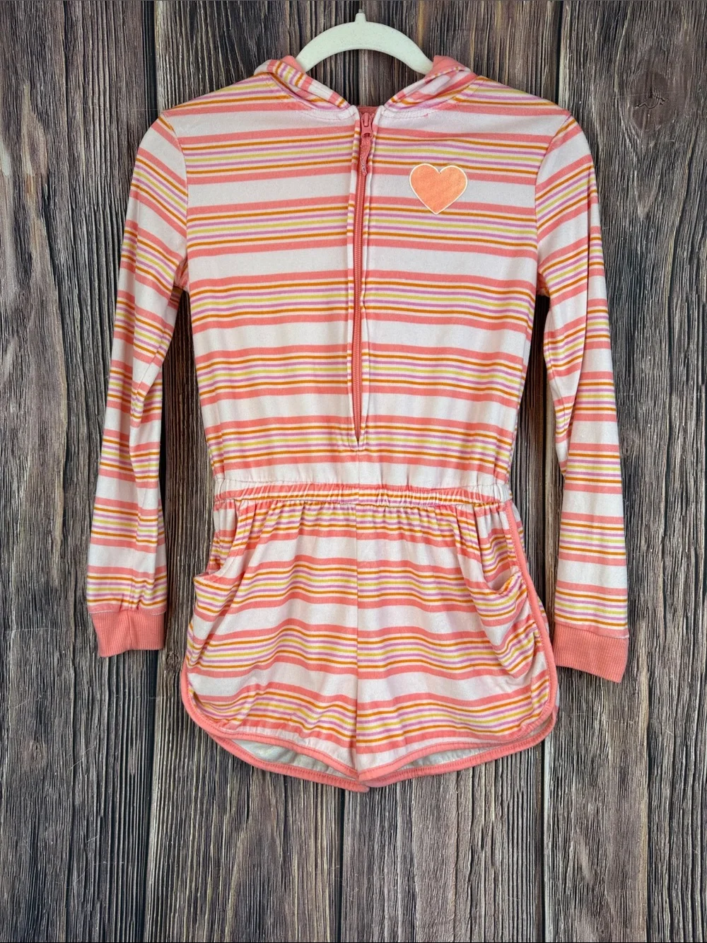 Cat & Jack Pink Striped Hooded Swim Romper with Heart Patch